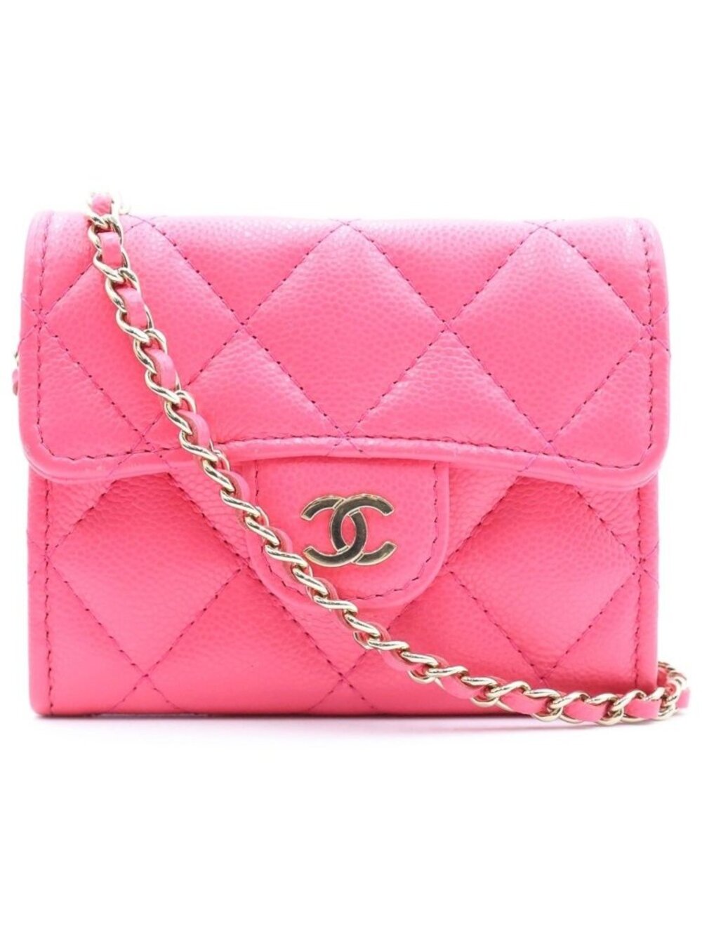 Chanel Quilted Mini Chain Wallet Flap Bifold Caviar Leather Gold Pink Shoulder